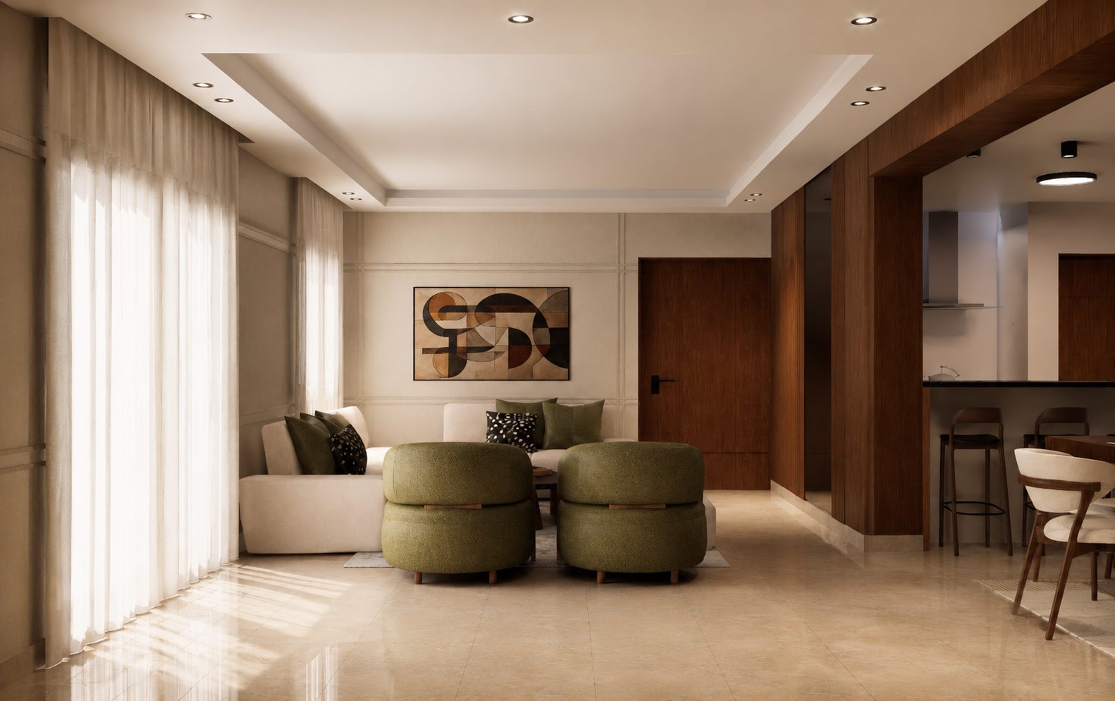 Sala de estar con sofá verde y mármol por A. Guzman Studio