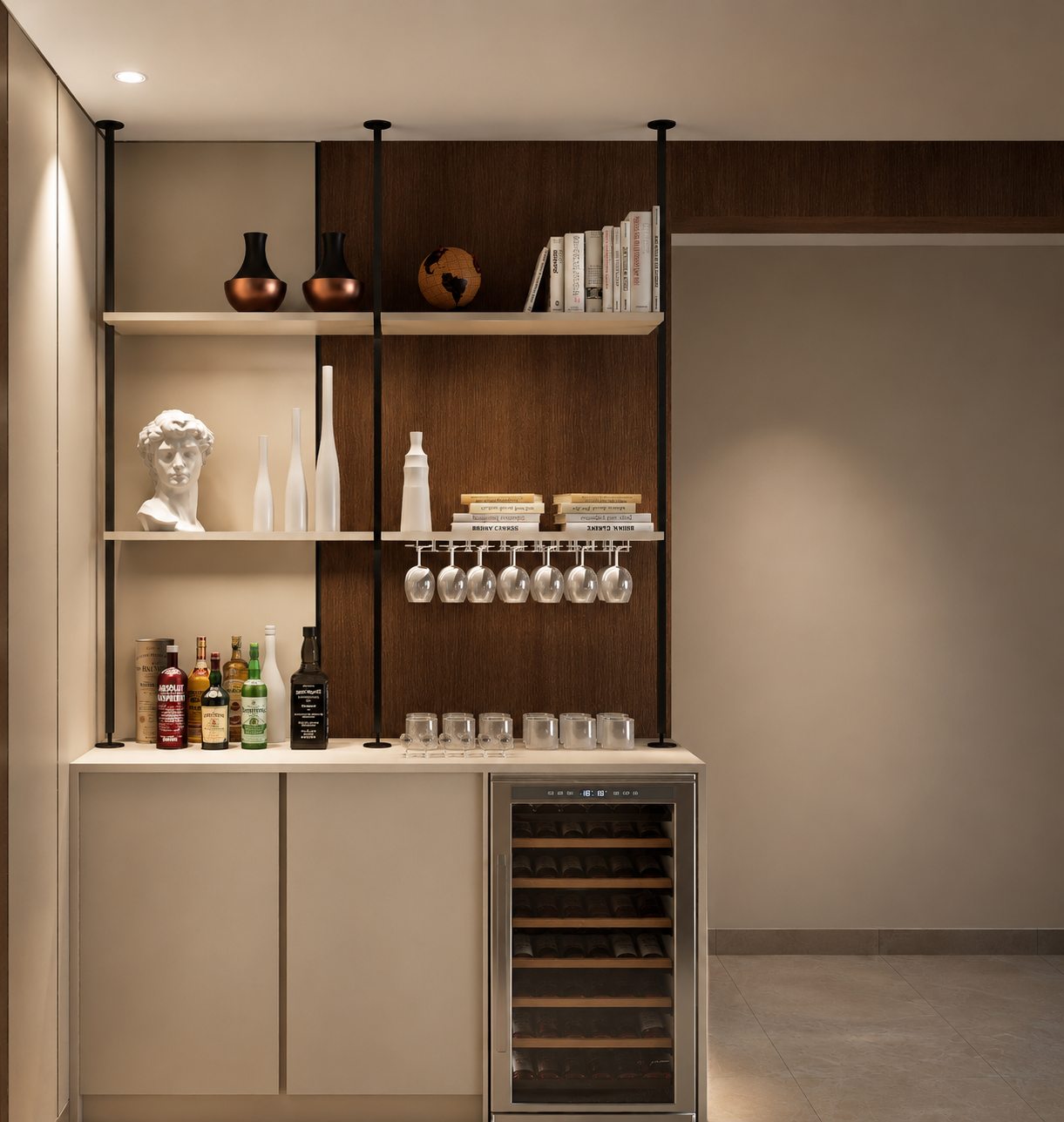 Bar y repisas de vino en madera por A. Guzman Studio