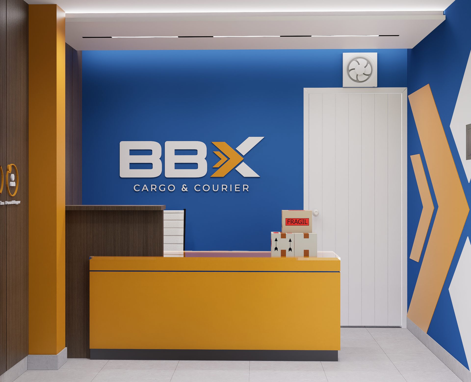Recepción con muro de marca BBX por A. Guzman Studio
