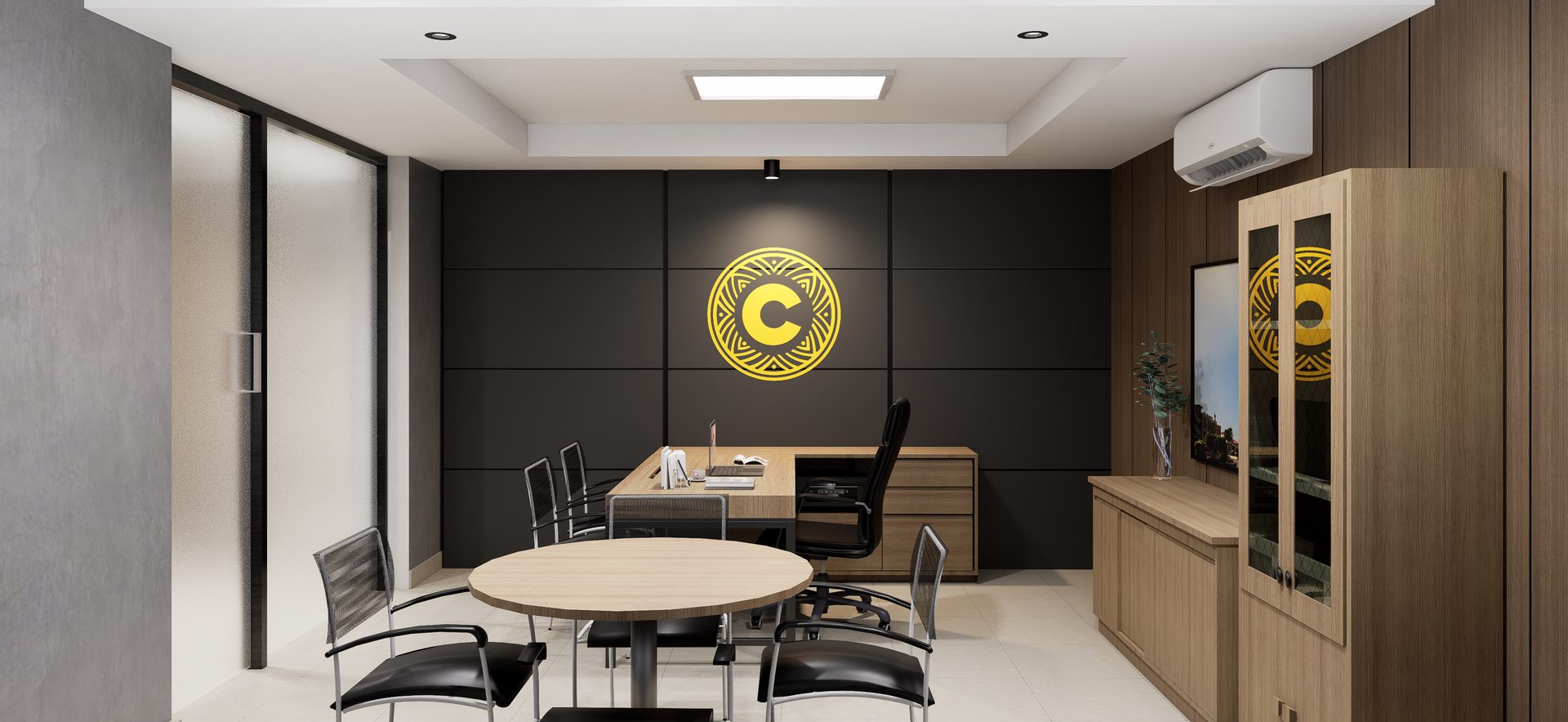 Recepción corporativa con muro de logo y mostrador por A. Guzman Studio
