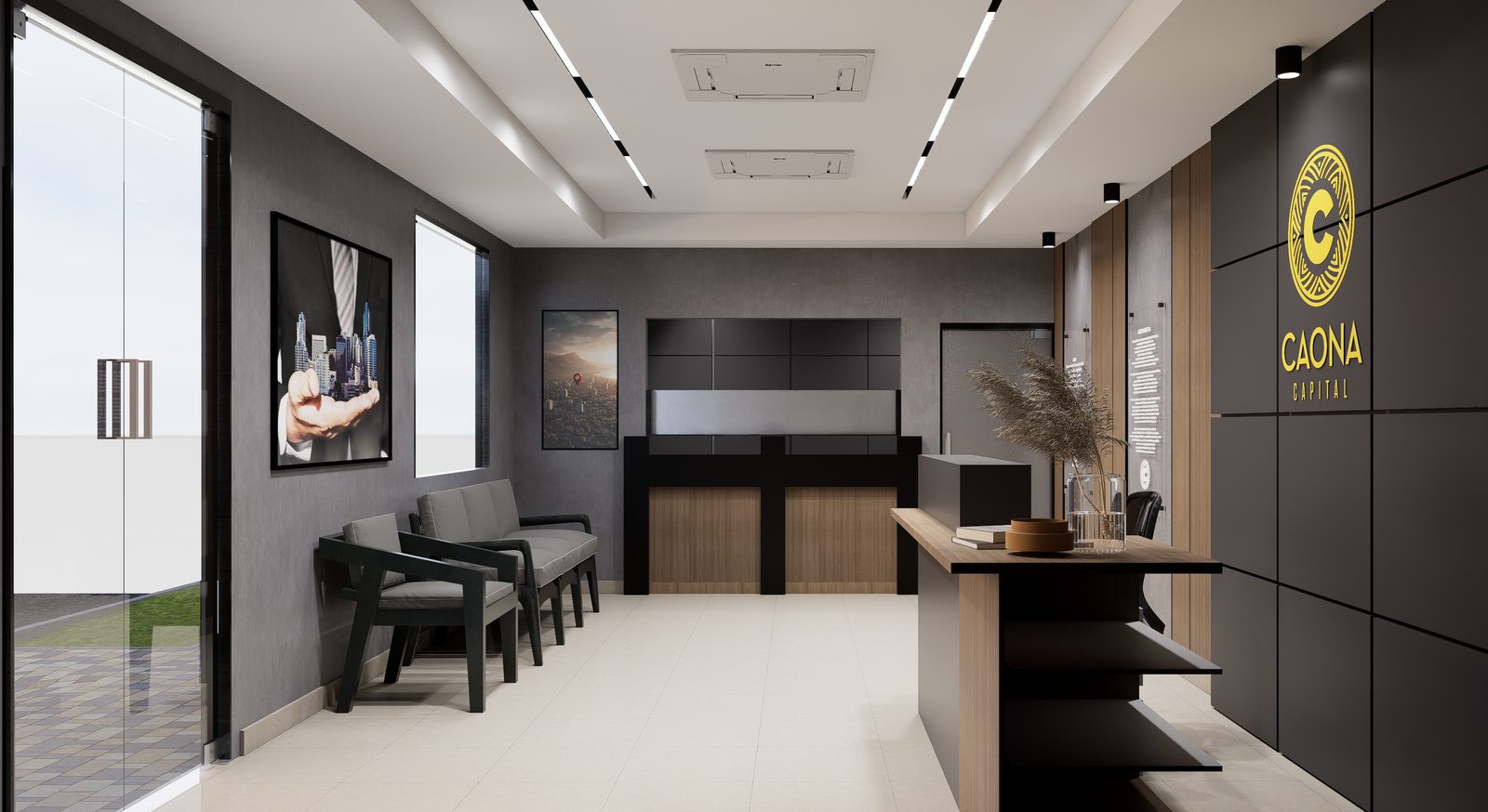 Corredor de oficinas con acabados en madera por A. Guzman Studio