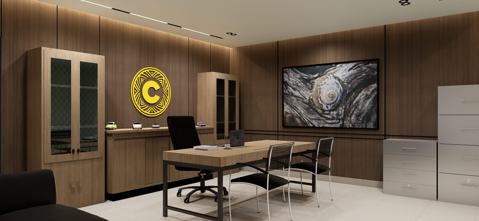 Área de espera con identidad corporativa por A. Guzman Studio