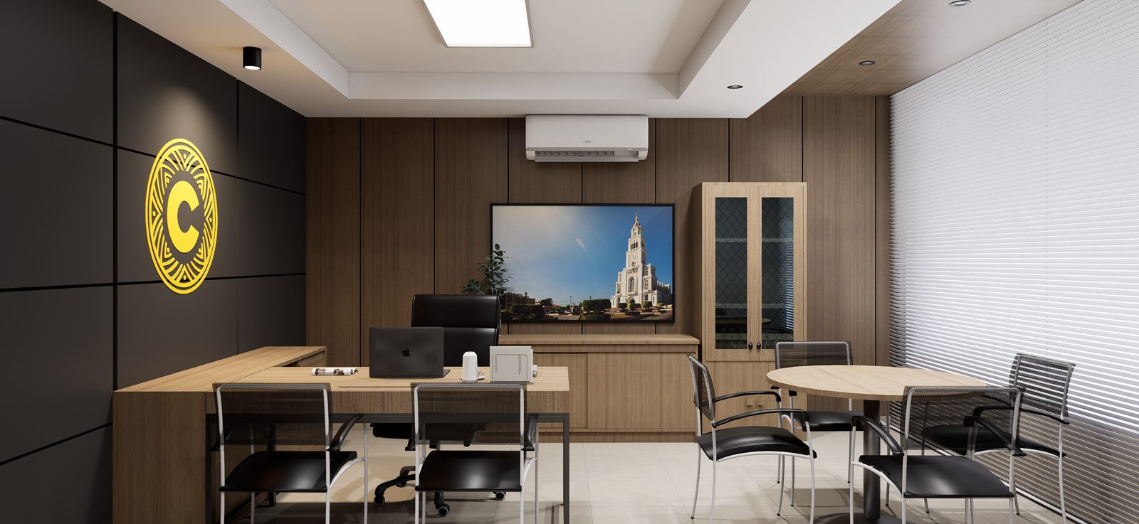 Sala de reuniones con pantalla por A. Guzman Studio