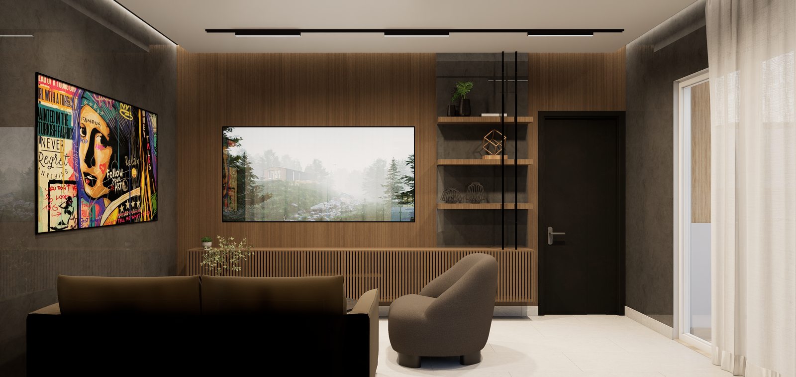 Sala con pared de TV y obra de arte por A. Guzman Studio