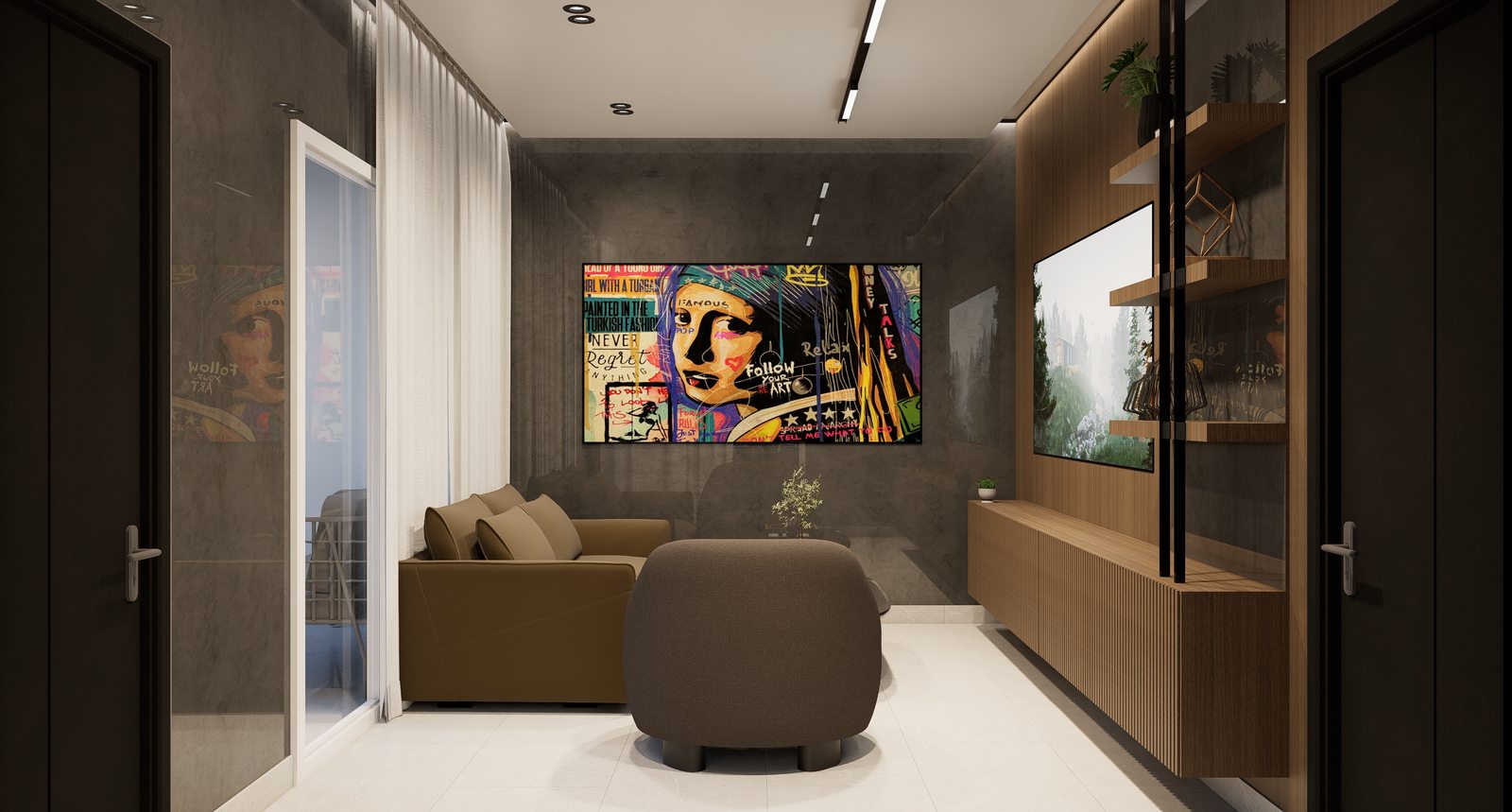 Sala con madera oscura y arte por A. Guzman Studio