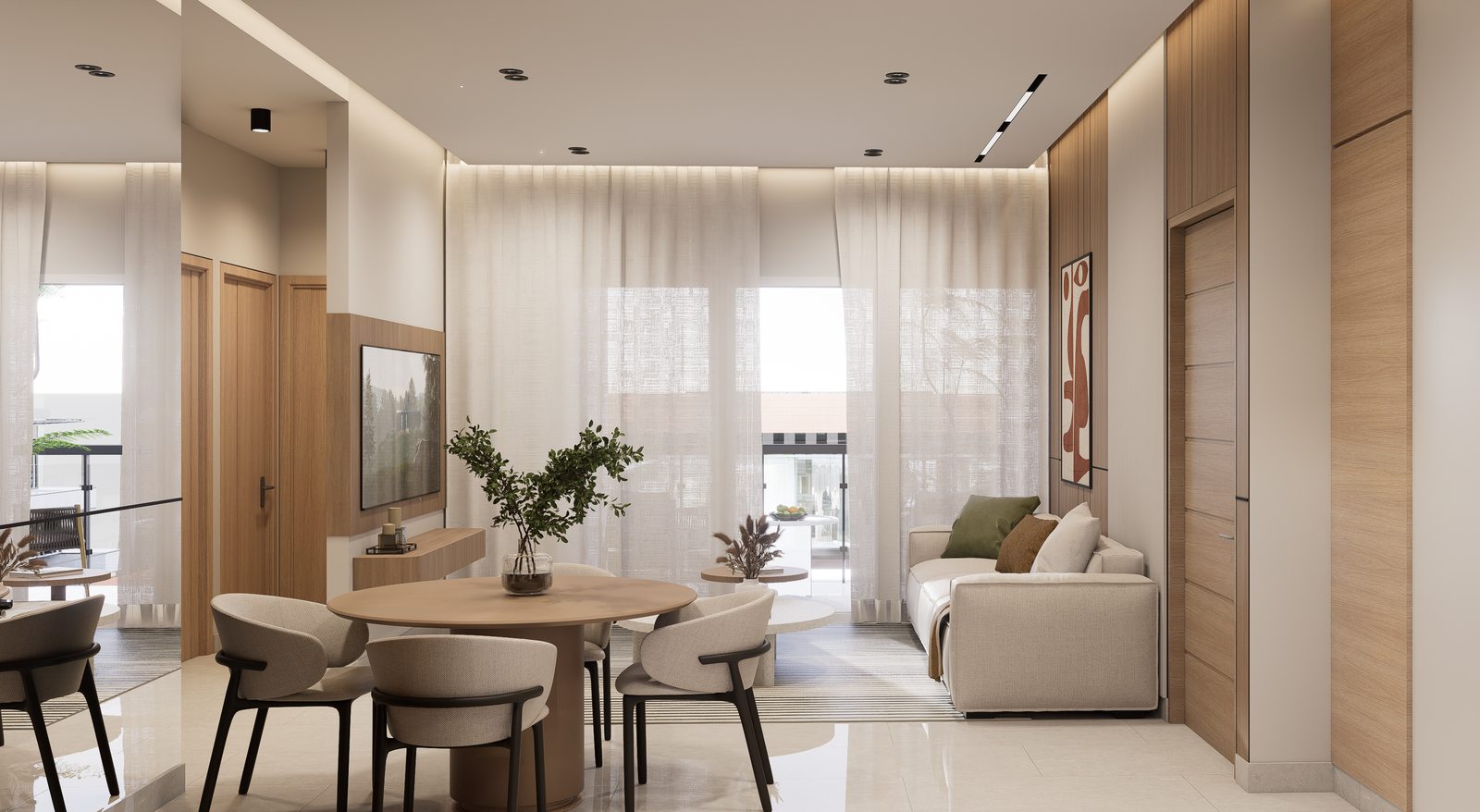Comedor y sala con acabados en madera por A. Guzman Studio