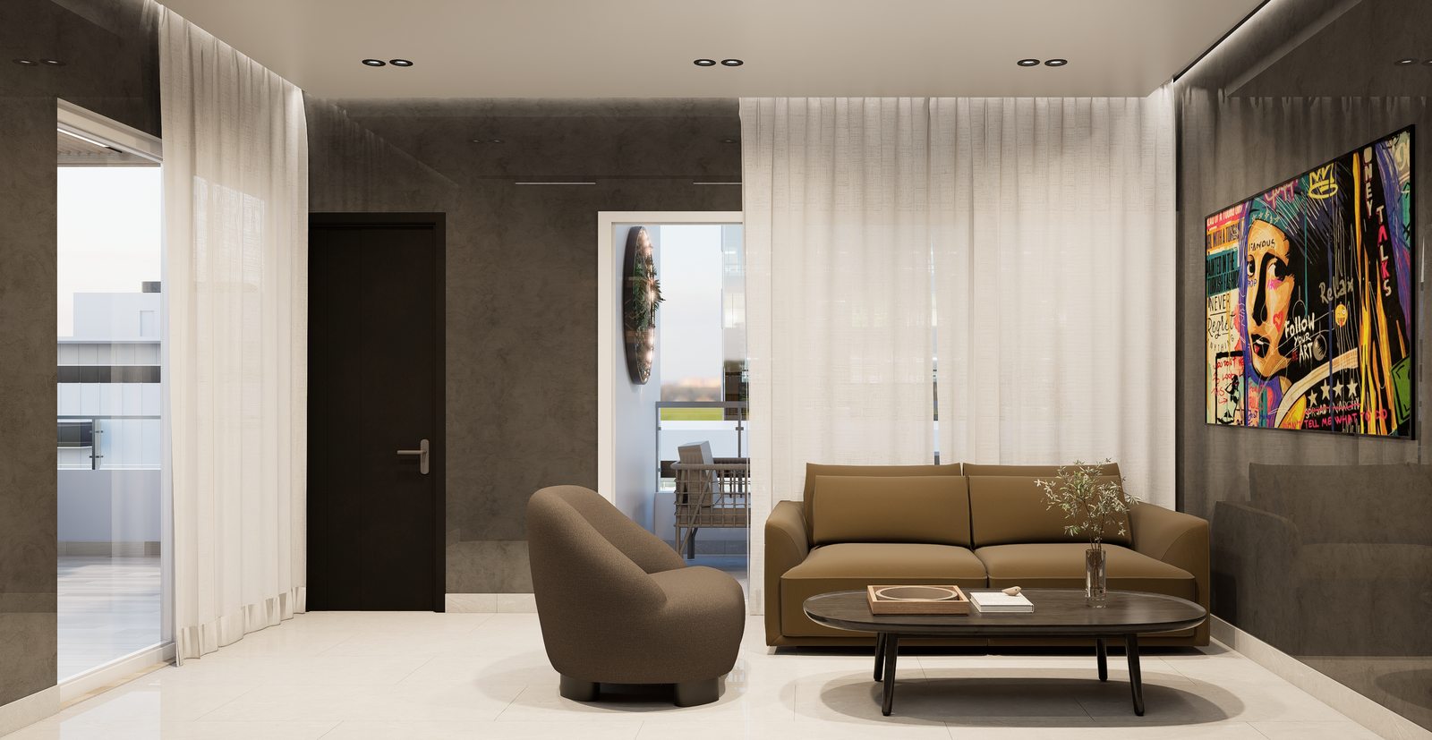 Recibidor con sofá y arte por A. Guzman Studio