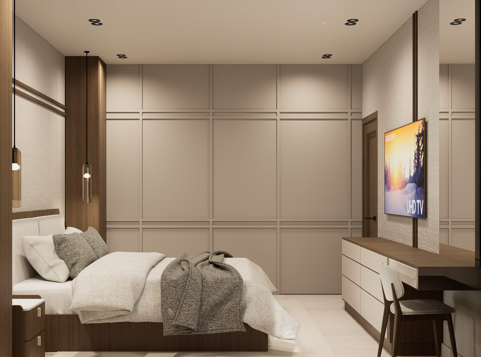 Render de sala con pared de TV del Proyecto FA por A. Guzman Studio