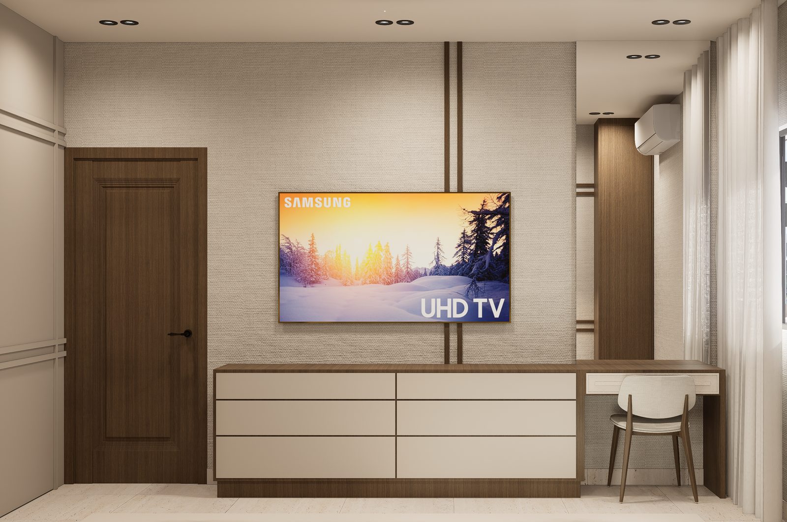 Render 3D de dormitorio con cabecero en madera por A. Guzman Studio
