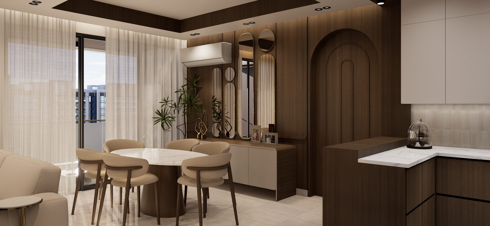 Render de dormitorio con banca a los pies de cama del Proyecto FA por A. Guzman Studio