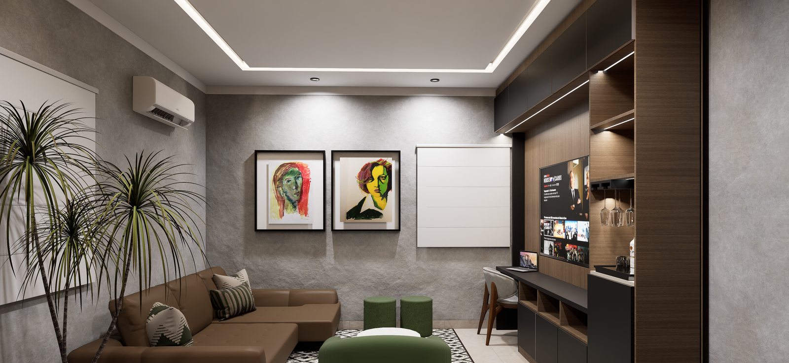 Sala con pared de TV y madera por A. Guzman Studio