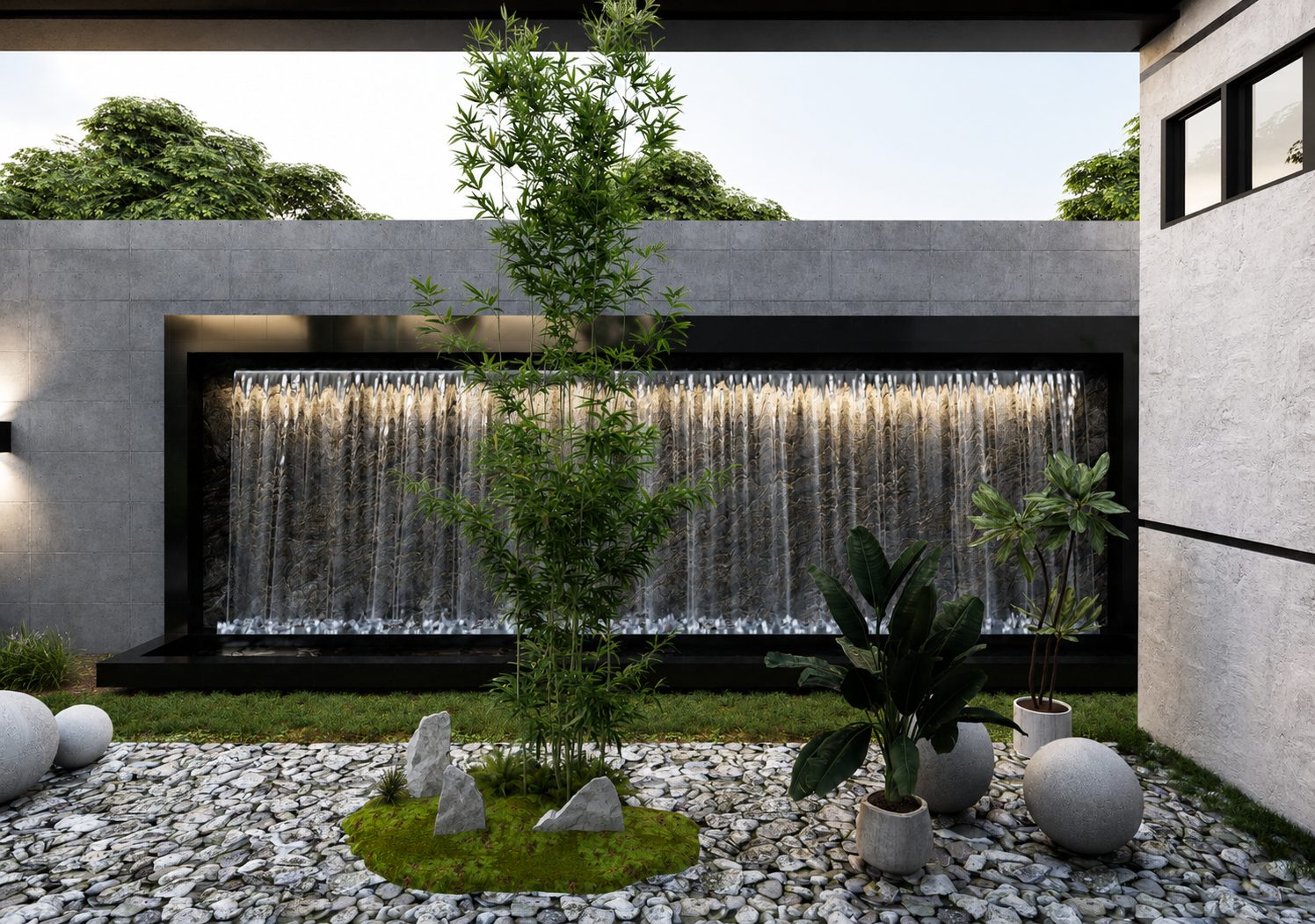 Muro de agua y jardín en el exterior de la vivienda por A. Guzman Studio
