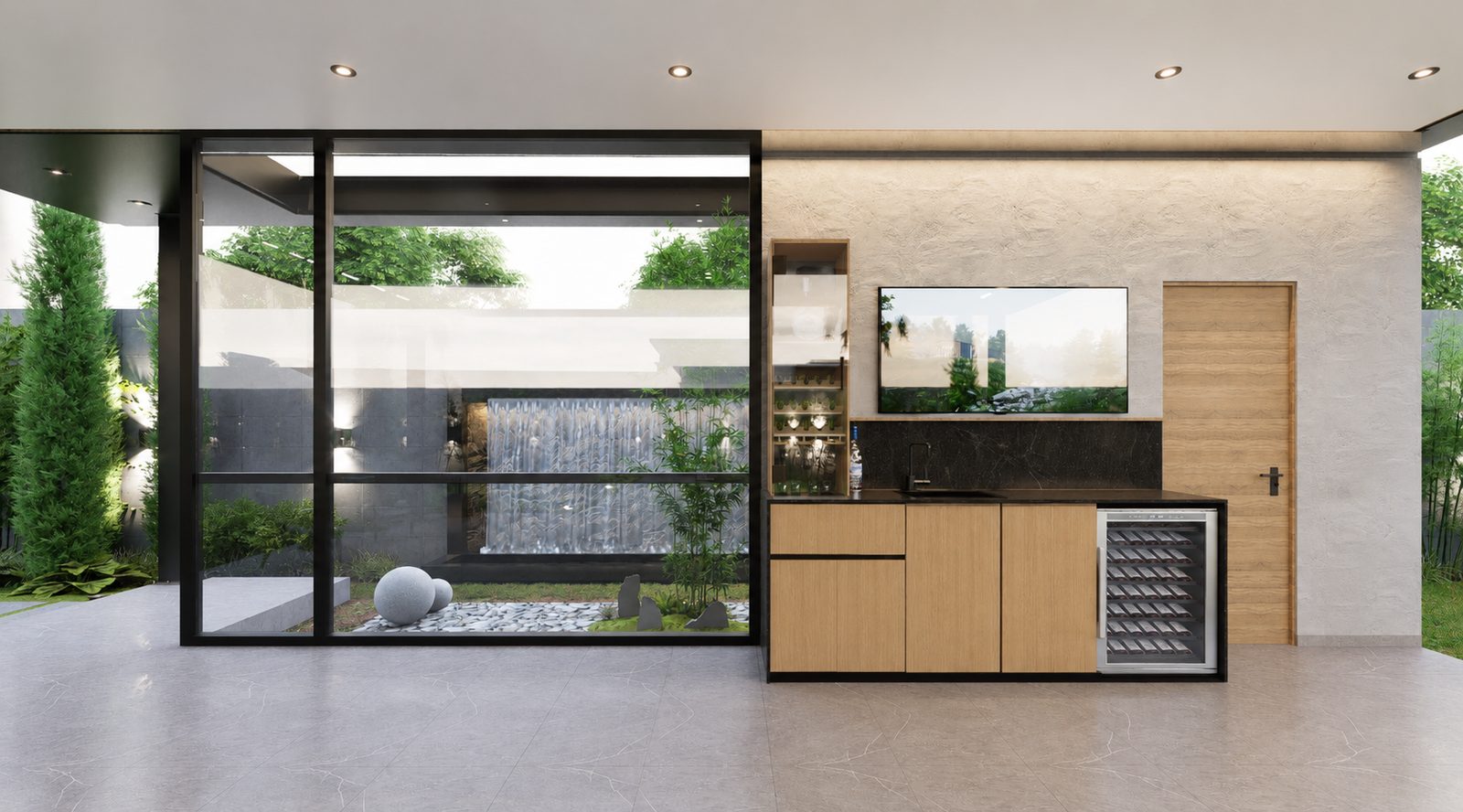 Cocina exterior y área de comedor bajo el pabellón por A. Guzman Studio