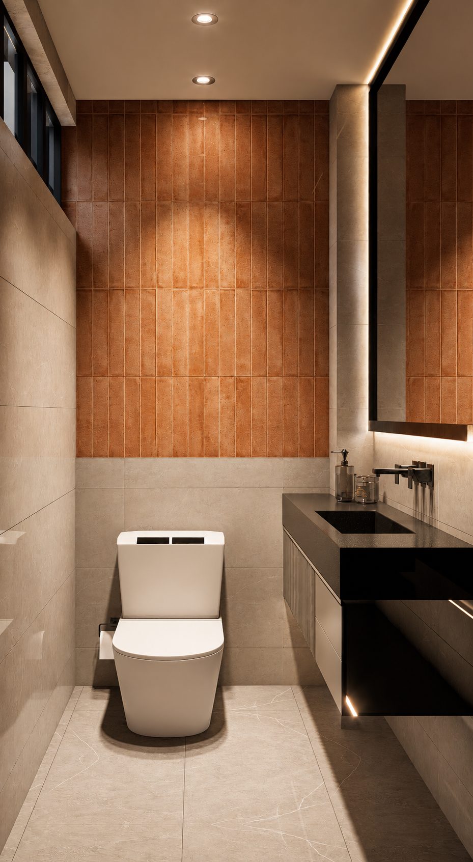 Baño con revestimiento de madera y lavamanos por A. Guzman Studio