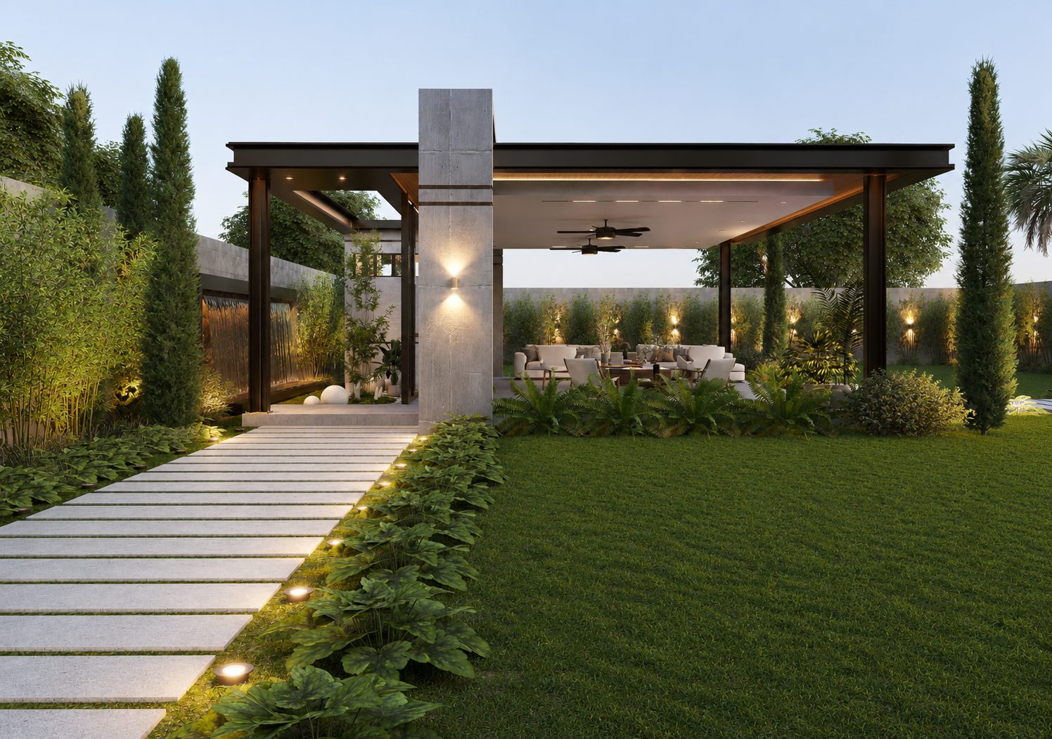Pabellón exterior al atardecer con camino de piedra y área social por A. Guzman Studio