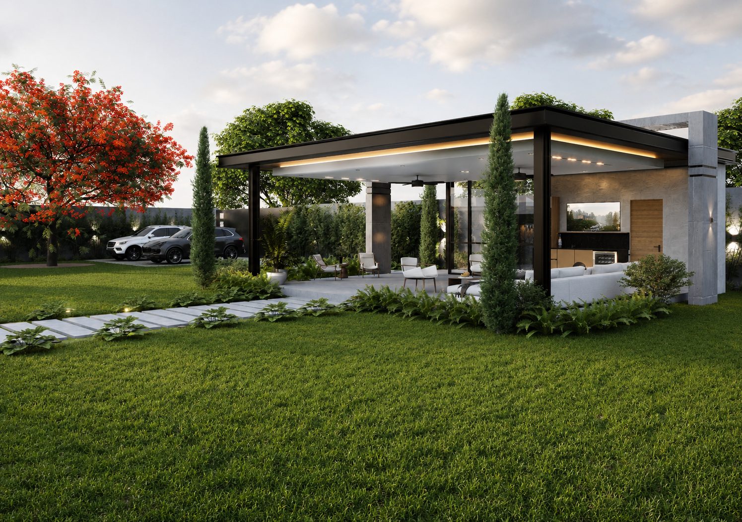 Área social exterior junto a la piscina al anochecer por A. Guzman Studio