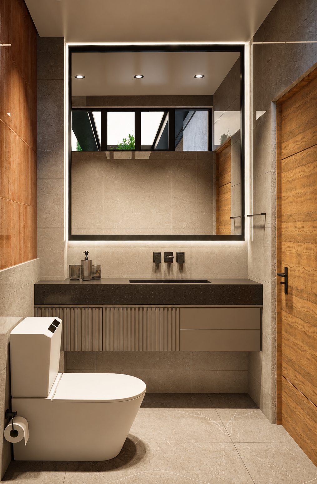 Detalle interior con revestimiento de madera por A. Guzman Studio