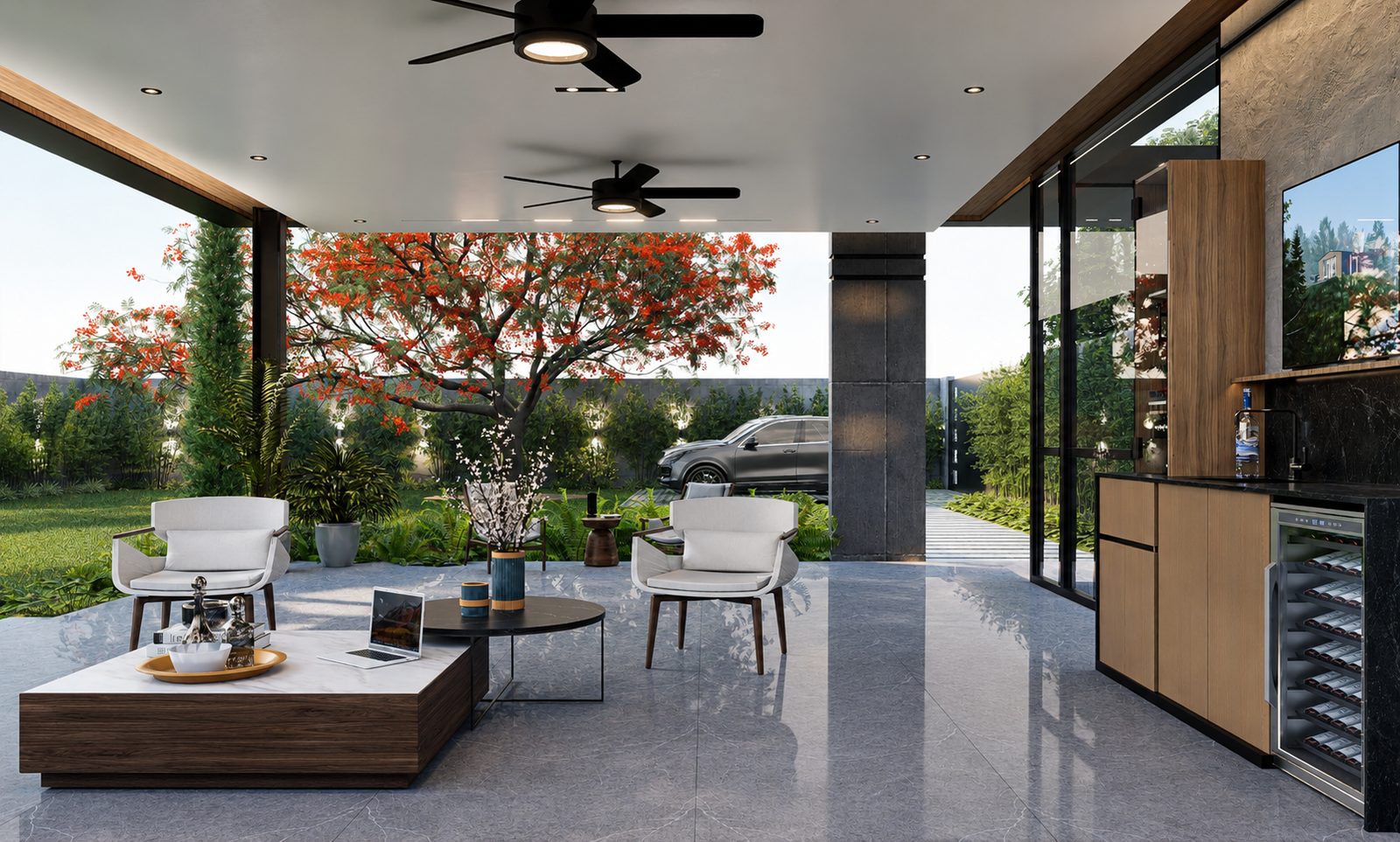 Patio ajardinado con pérgola y vegetación por A. Guzman Studio