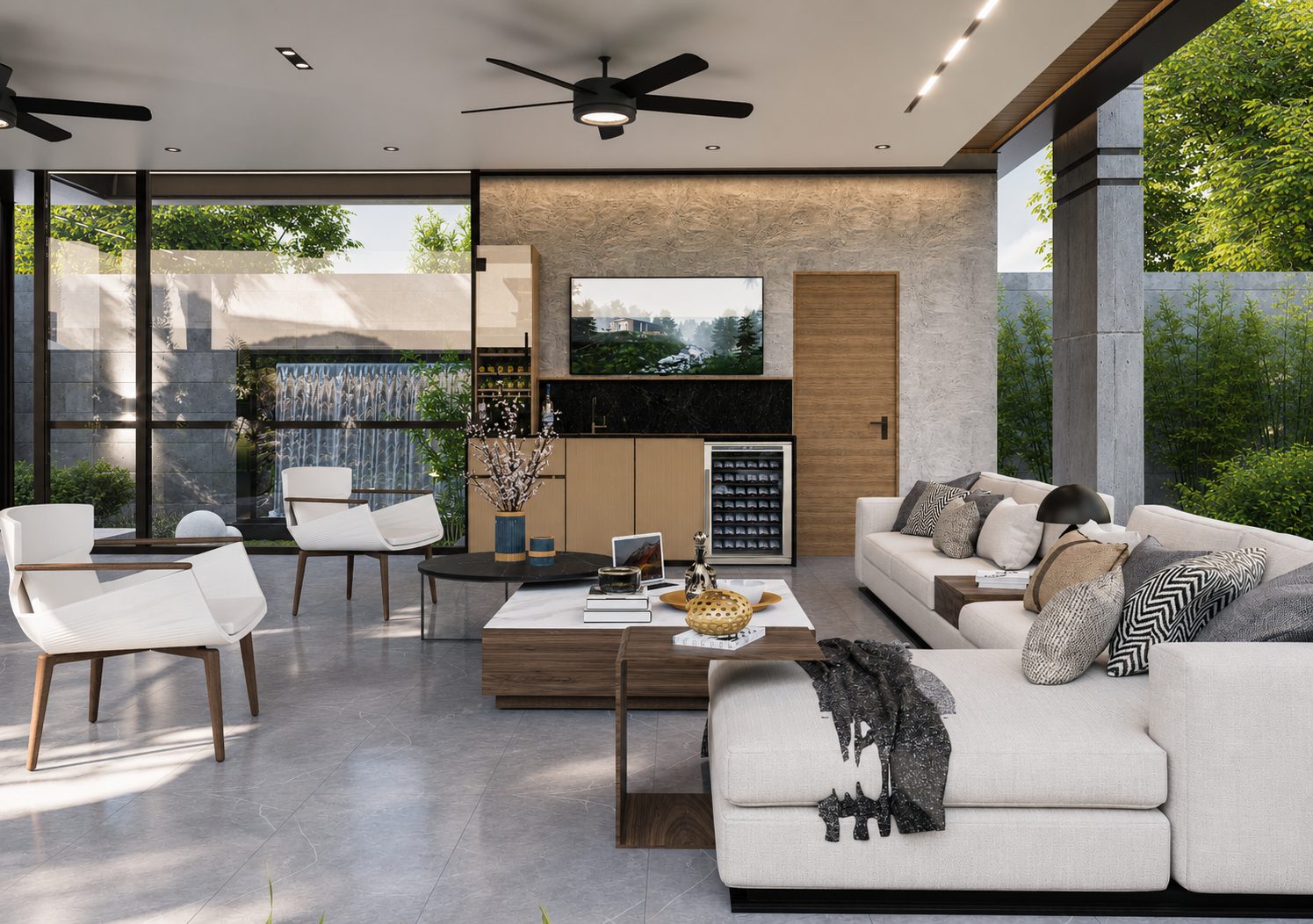 Estar interior con grandes ventanales hacia el jardín por A. Guzman Studio
