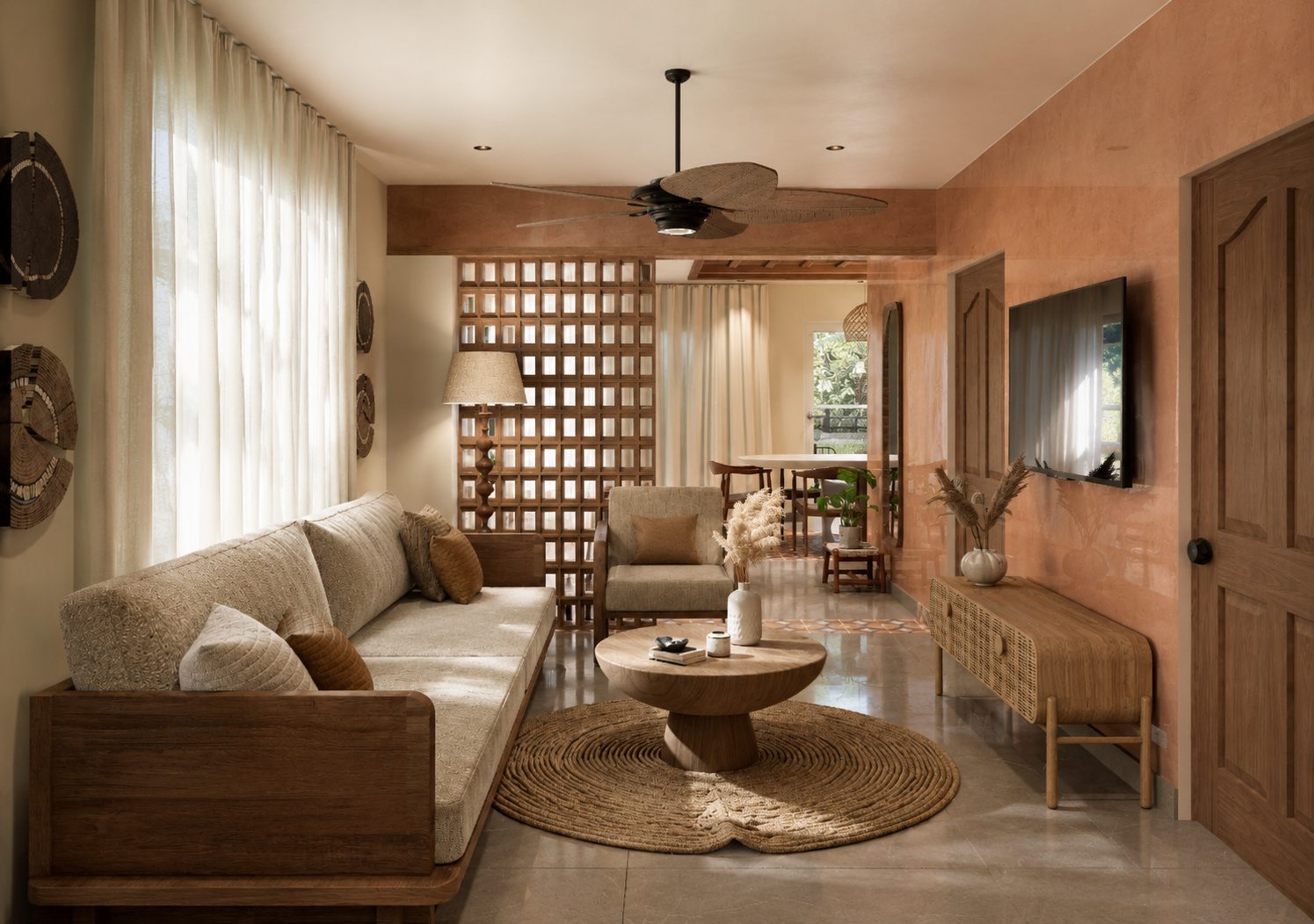 Sala y comedor con materialidad cálida por A. Guzman Studio