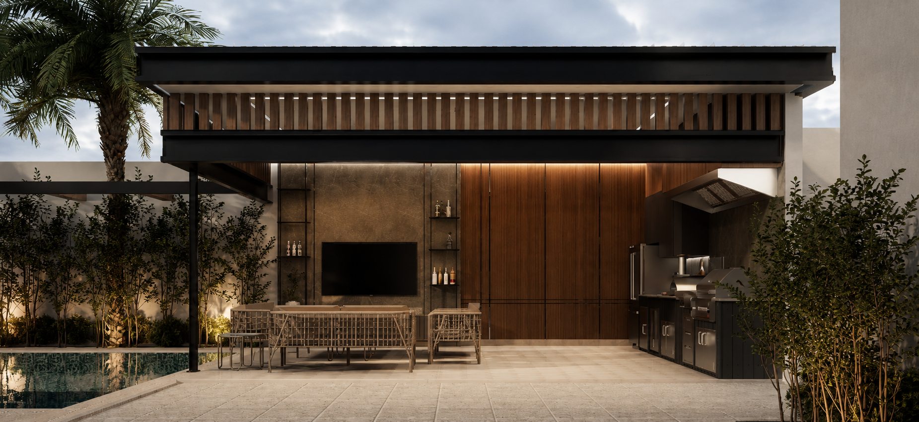 Cocina exterior y BBQ del pabellón por A. Guzman Studio