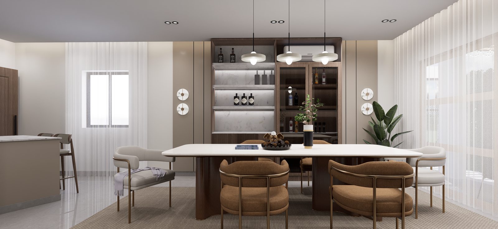 Sala con sofá curvo y comedor por A. Guzman Studio