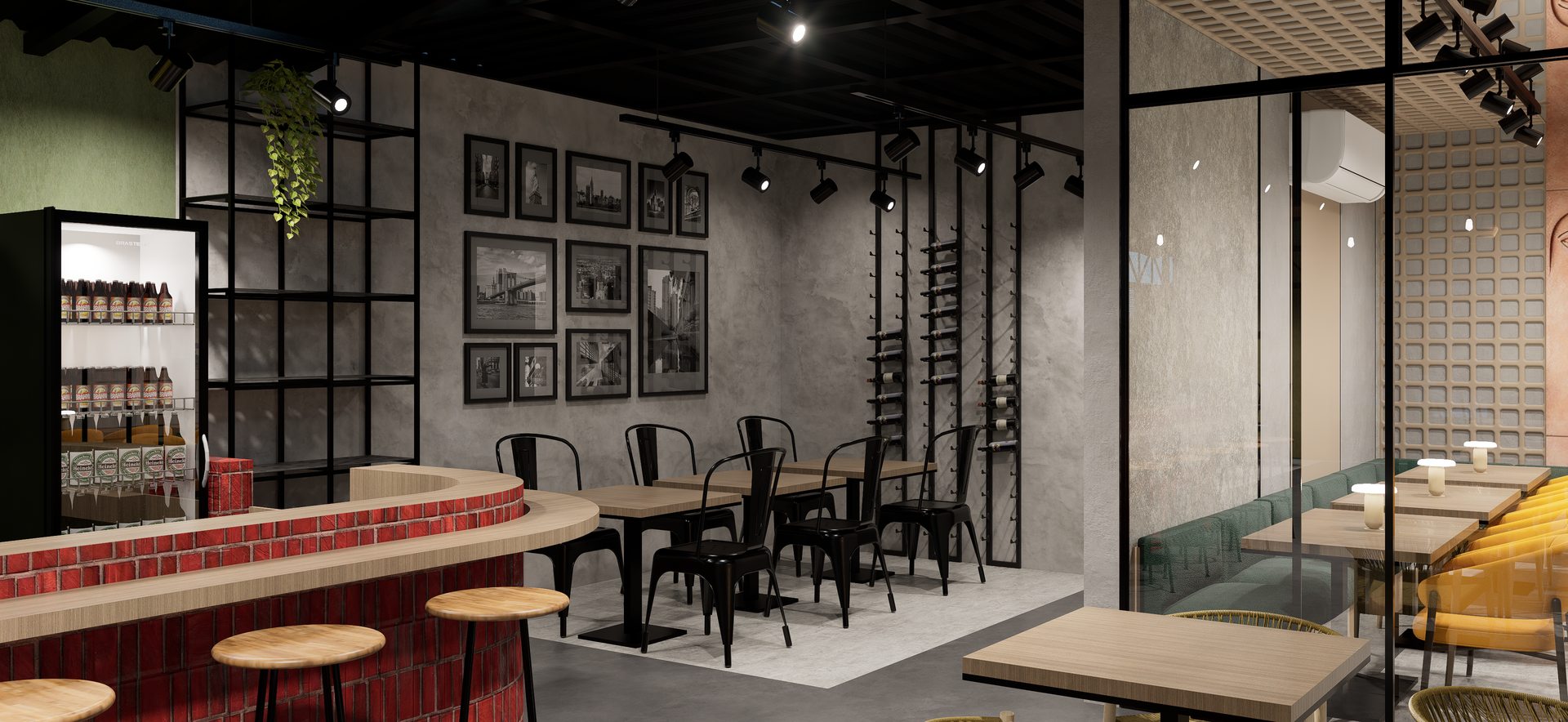 Barra del restaurante con iluminación cálida por A. Guzman Studio