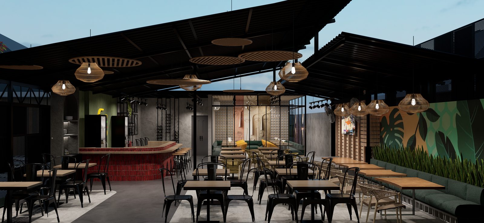 Comedor con estilo industrial y plantas por A. Guzman Studio