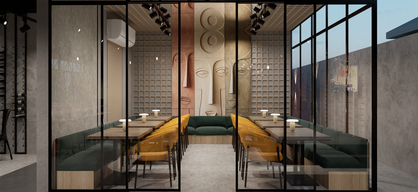 Salón del restaurante con ladrillo visto y vegetación por A. Guzman Studio