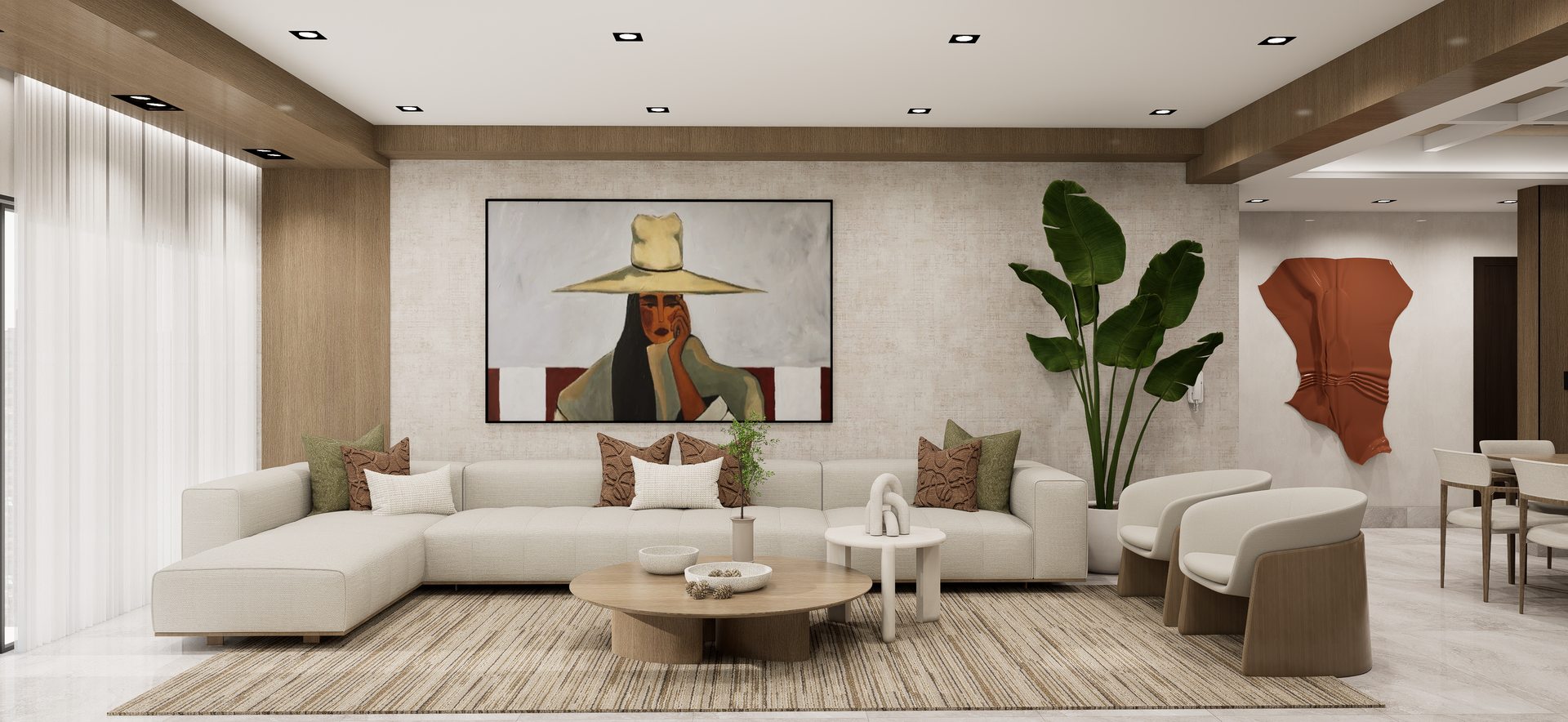 Sala de estar con sofá curvo y vegetación por A. Guzman Studio