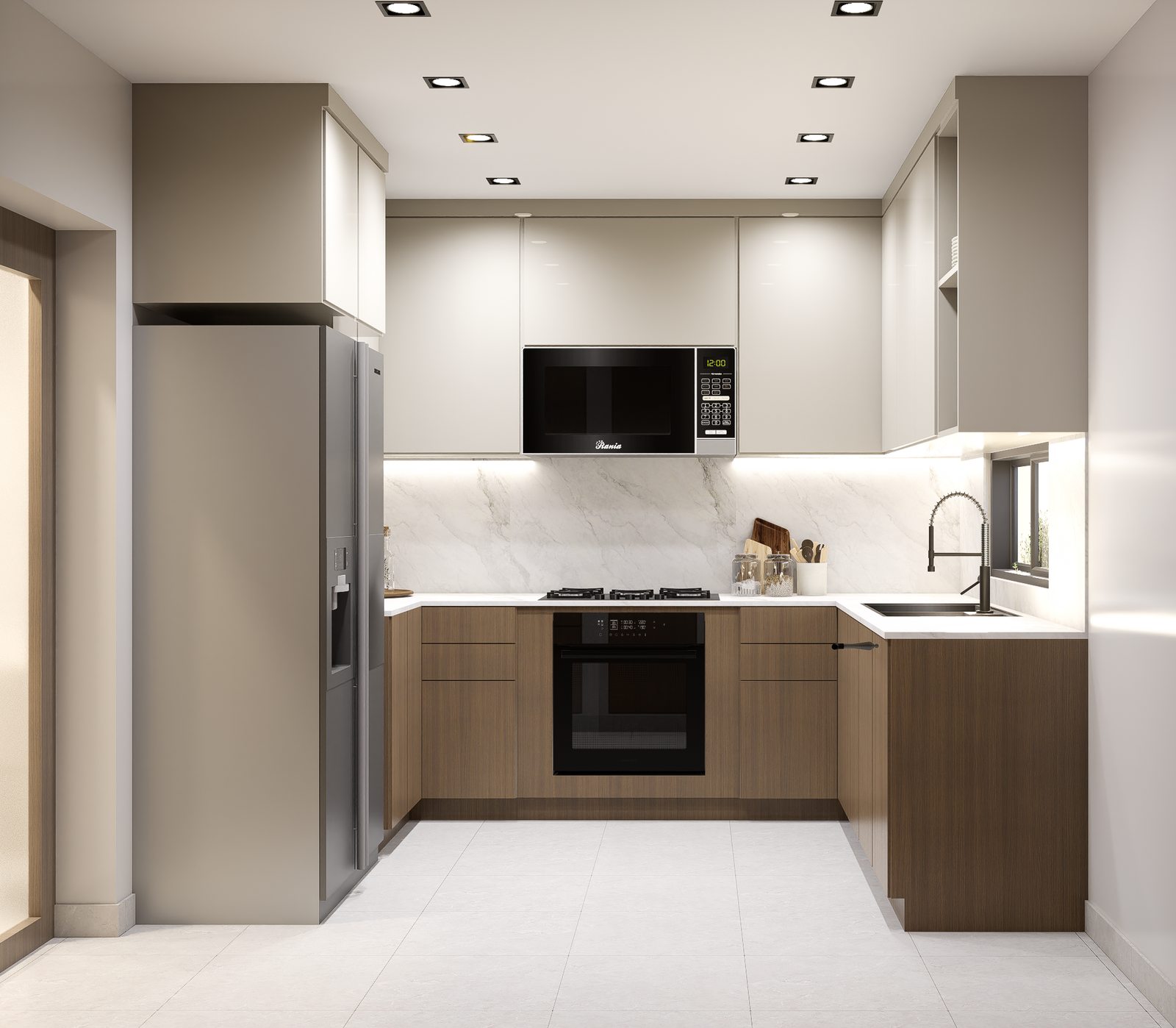 Cocina blanca con acabados en madera por A. Guzman Studio